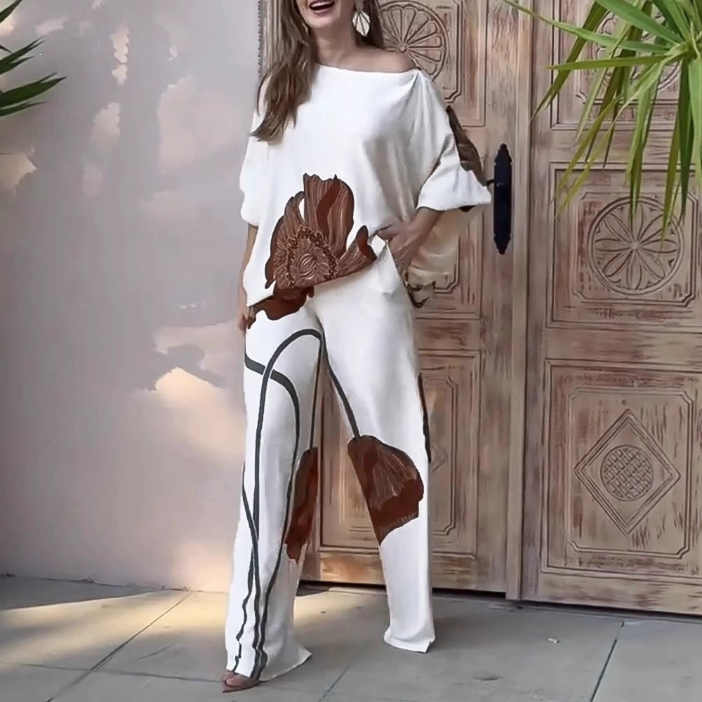 H&M Factory Direct Casual Floral Satin Batwing Top and Straight Leg Pants Set